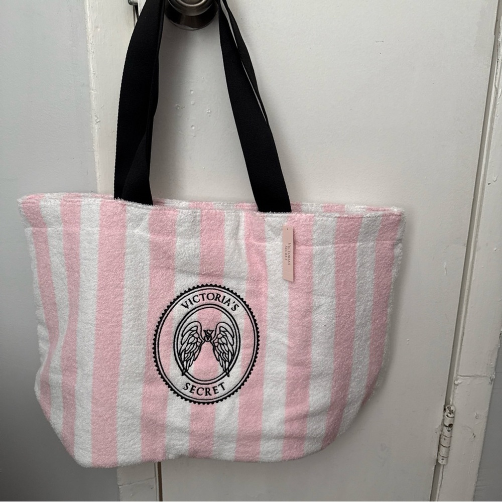 Victoria's Secret Pink & White Striped Tote with Black Logo Detail